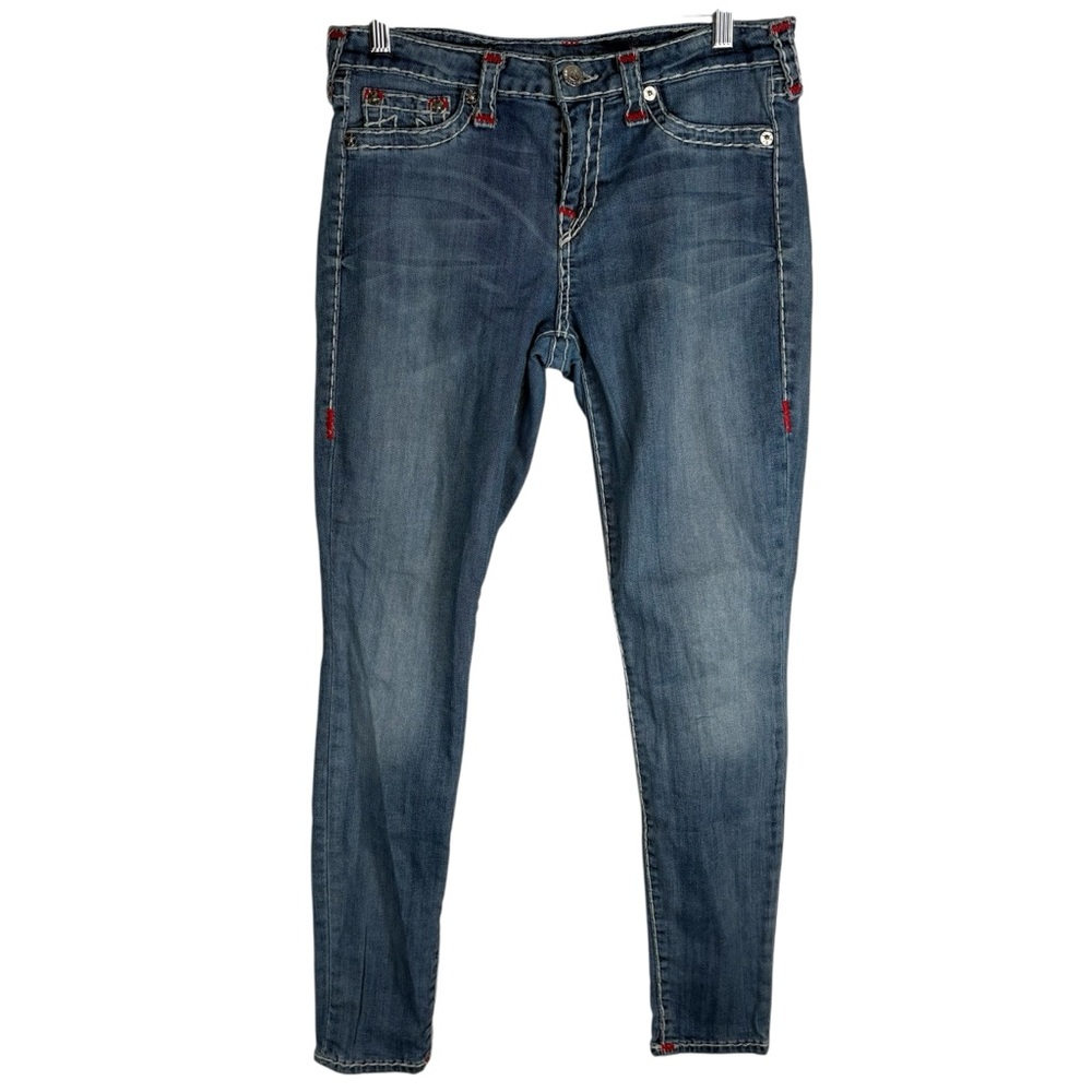 True Religion Legging Nat Low Rise Blue Denim Jeans Red Stitching Womens 30